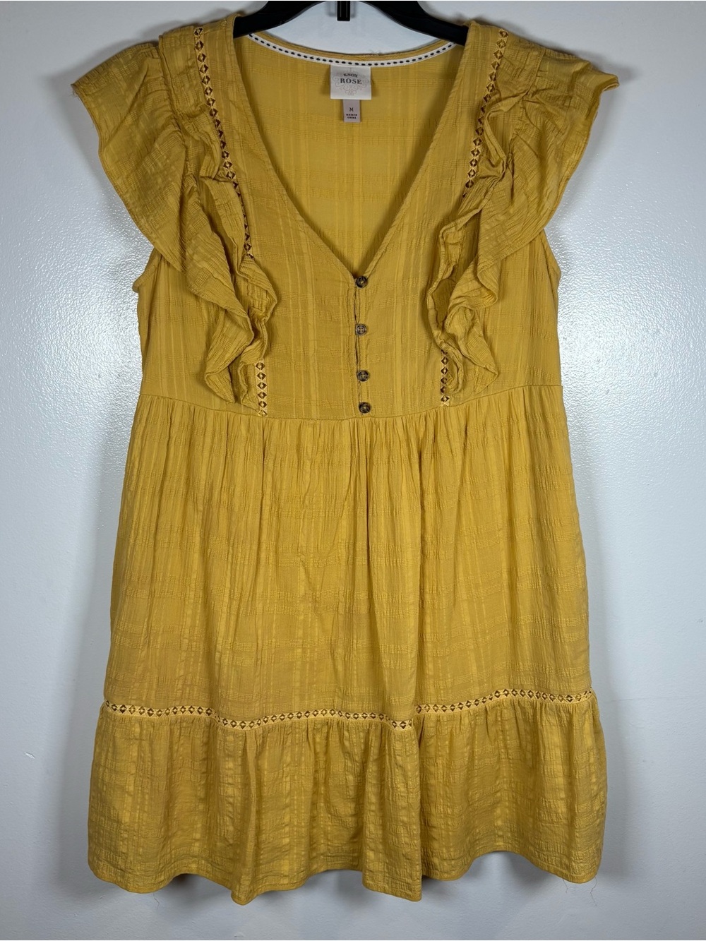 Knox Rose Mini Dress M Yellow Peasant Babydoll Boho Ruffle Gauze Pockets Lined